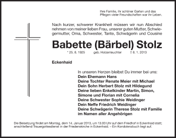 Traueranzeige von Babette Stolz von Pegnitz-Zeitung